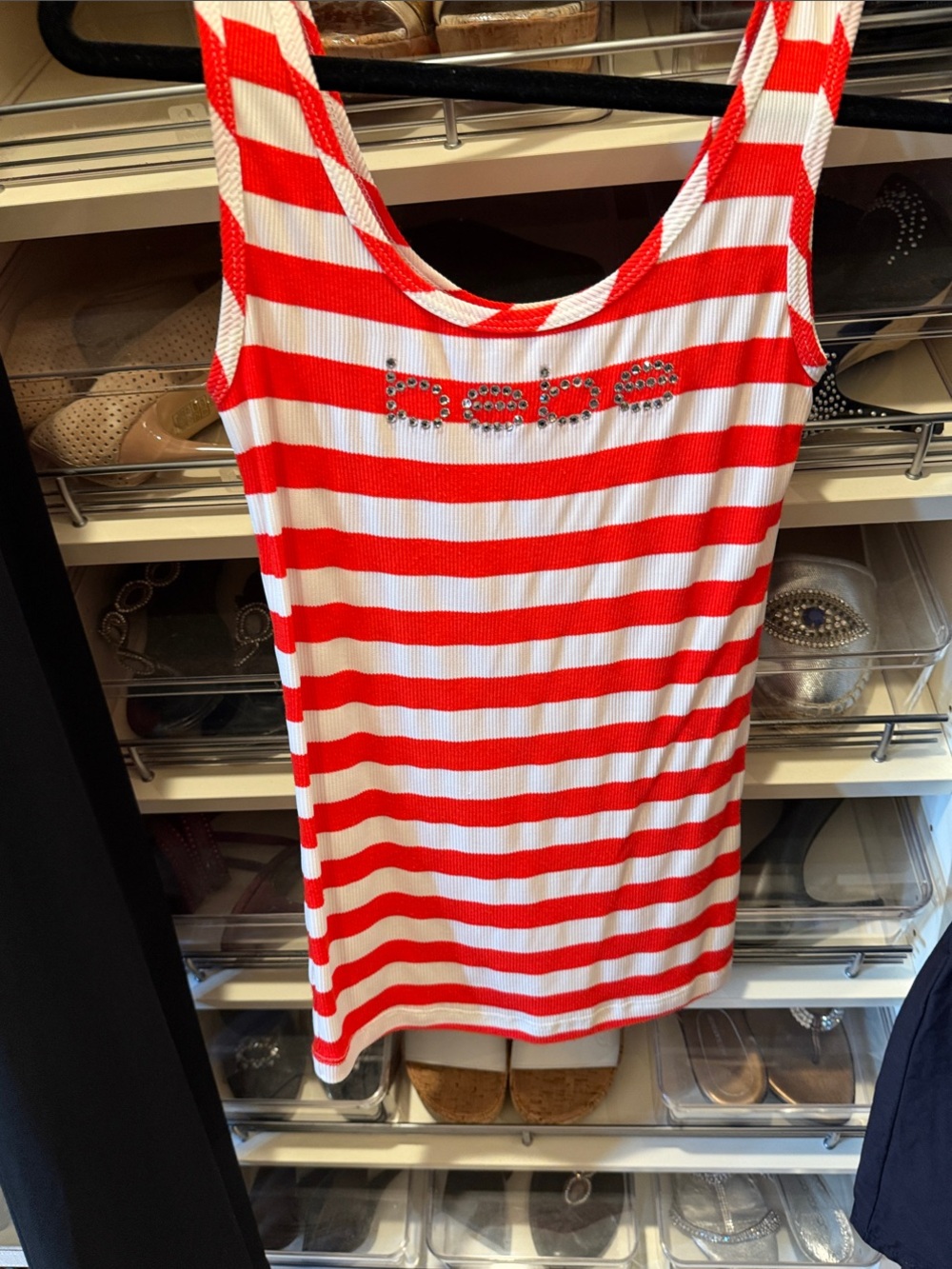 bebe Red and White Striped Tank with Rhinestone Logo